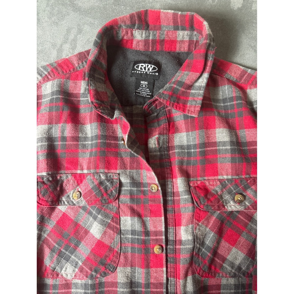 Rugged Wear Mens Red Grey Plaid Fleece Lined Flannel Shirt Medium RN118109